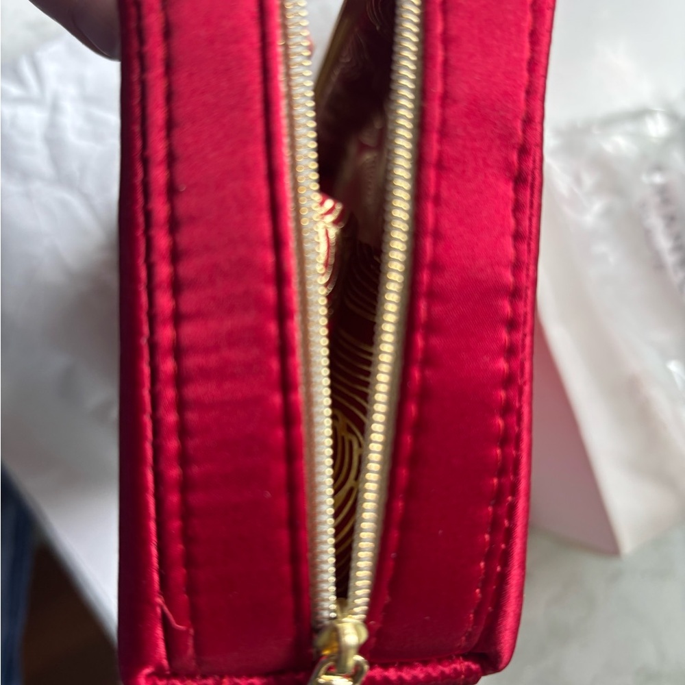 CHANEL Red with gold camellia flowers Cosmetic Bag 8 x 4 1/2 x 2 New - Picture 3 of 7